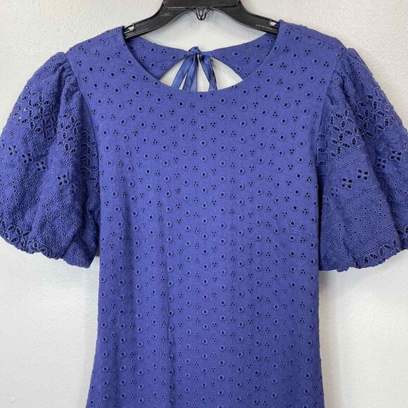 Free People Apricot Rose Mini Dress Womens Large Navy Blue Eyelet Puff Sleve - Picture 2 of 13